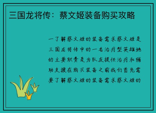 三国龙将传：蔡文姬装备购买攻略